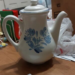 Artisan Cream Ceramic Teapot with Blue Floral Design